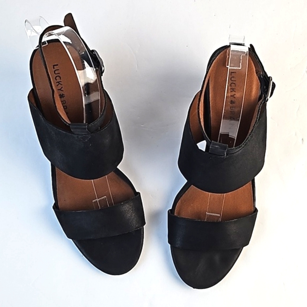 Lucky Brand Jodalee Black Leather Ankle Strap Wooden Stacked Block Heel Sandal - Picture 8 of 16